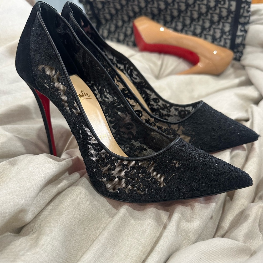 Christian Louboutin Black Lace Pointed Toe Pumps with Red Soles